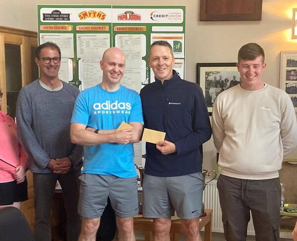 Men’s Doubles 3 winners, Stephen Lennon, Castlebar Tennis Club and Stephen Walsh, receiving their prizes from Benoit Lusson and Gavin Reapy.