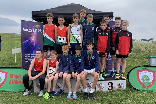 Runners from the Moy Valley AC, Swinford AC and Westport AC teams who finished first, second and third in the U14 boys teams event. Runners from the Moy Valley AC, Swinford AC and Westport AC teams who finished first, second and third in the U14 boys teams event.