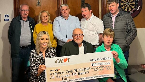 The McLougjlin family and committee of Eugene McLoughlin Memorial Run presenting a cheque of €1,500 to Paul Burke of the Kilbeagh Community First Responders committee. The McLougjlin family and committee of Eugene McLoughlin Memorial Run presenting a cheque of €1,500 to Paul Burke of the Kilbeagh Community First Responders committee.