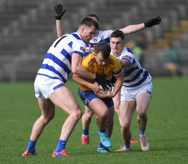 Knockmore’s Adam Battle is tackled by Breaffy’s Conor O’Shea and Davitt Neary during last Sunday's Mayo SFC semi-final at Hastings Insurance MacHale Park. Picture: David Farrell Photography Knockmore’s Adam Battle is tackled by Breaffy’s Conor O’Shea and Davitt Neary during last Sunday's Mayo SFC semi-final at Hastings Insurance MacHale Park. Picture: David Farrell Photography