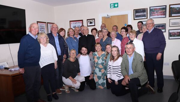 Fr Ulick Bourke pictured with neighbours and friends from Newtown and Clogher at the recent celebration in Clogher Clubhouse. Pic by Tom Quinn.