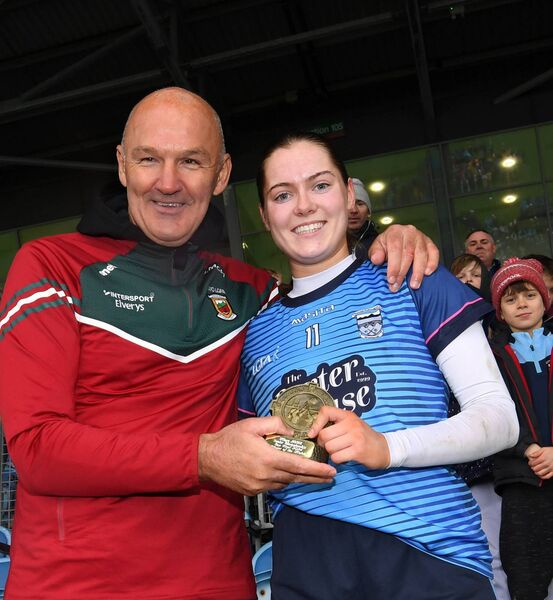 Mayo ladies senior football team Liam McHale presents the player of the match award to Westport’s Fionnuala McLaughlin at Hastings Insurance MacHale Park last Sunday. Picture: David Farrell Photography Mayo ladies senior football team Liam McHale presents the player of the match award to Westport’s Fionnuala McLaughlin at Hastings Insurance MacHale Park last Sunday. Picture: David Farrell Photography