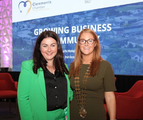 Pictured at the Claremorris Chamber of Commerce event, Growing Business and Community, held at the McWilliam Park Hotel, were host Angelina Nugent and Chamber of Commerce chairperson Andrea Kean. 