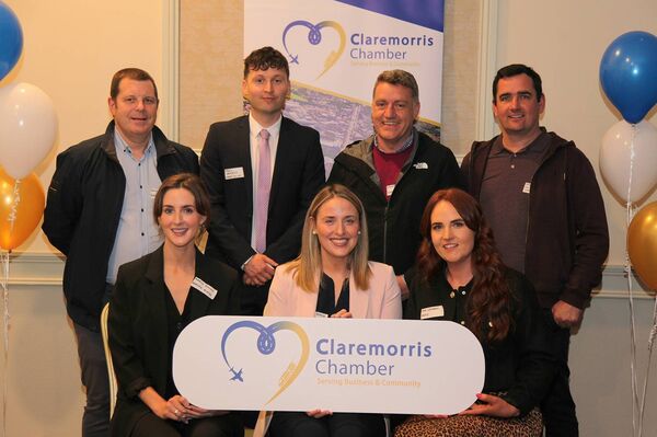 Attending the event were, front row, from left: Marie Dillon (Leading Minds), Cathy O'Boyle (Claremorris Chamber) and Dee Conroy (Redz). Back row: John Dooley (Greens Menswear and J.G. Sport and Homewears), Cllr Paul Lawless, Danny McHugh (Supermacs) and John Walsh (Walsh Cladding and Roofing). 