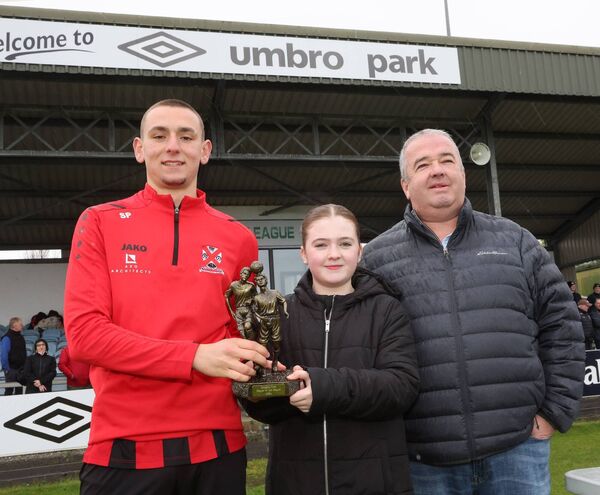 Tara Quigley, pictured with her father Shane, right, presents Simeon Popov of Westport United with the Man of the Match award in the Quigley Cup Final 2024 Umbro Park Milebush Castlebar. Picture: Michael Donnelly Tara Quigley, pictured with her father Shane, right, presents Simeon Popov of Westport United with the Man of the Match award in the Quigley Cup Final 2024 Umbro Park Milebush Castlebar. Picture: Michael Donnelly