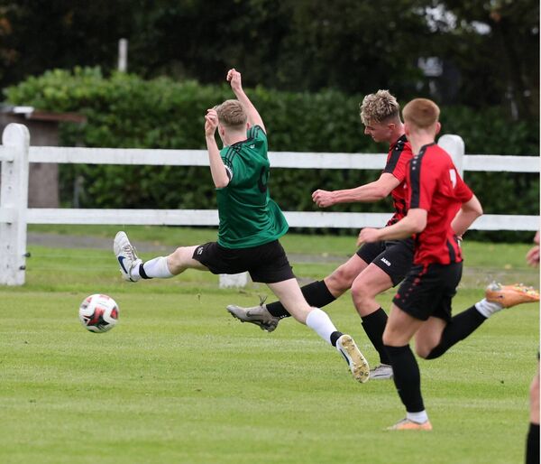 Conn Rangers captain Daniel Breslin stretches to block shot from Jack O'Malley of Westport Utd in the Quigley Cup Final 2024 Umbro Park Milebush, Castlebar. Picture: Michael Donnelly Conn Rangers captain Daniel Breslin stretches to block shot from Jack O'Malley of Westport Utd in the Quigley Cup Final 2024 Umbro Park Milebush, Castlebar. Picture: Michael Donnelly