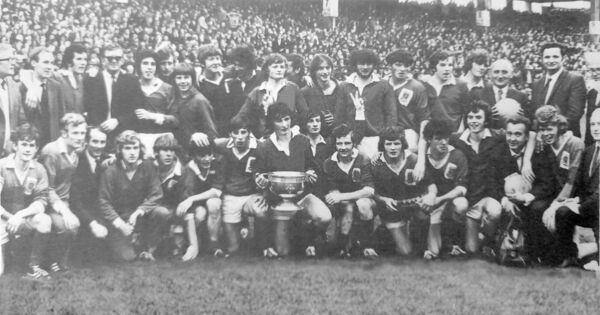 The Mayo team and officials who defeated Cork by 2-15 to 2-7 in the 1971 All-Ireland Minor football final. Back row, left to right: Johnny Mulvey (county secretary), Seán Reilly (selector), James Quinn, Paddy Waldron (selector), Ger Farragher, Malachy Stephens, Damien McHale, Bert Cunningham, Ray McNicholas, Ger Feeney, Austin Garvin (trainer), Mickey Griffin, Con Moynihan, John O’Mahony, Johnny Culkin, Seamus Reilly, Jim Murphy (selector), Owen Roe O’Neill (selector), Seán Duffy (selector). Front row: Padraic McCormack, Seán Seery, Mickey Curley (selector), PJ Flynn, Timmy Groarke, Mick Fahy, Michael Webb, JP Kean (captain), Michael ‘Tic’ Higgins, Adrian Durkan, Mickey Maloney, Frank Harty, Michael Gannon, Paddy Muldoon (selector), Noel Joyce, Paddy Basquill (treasurer). 