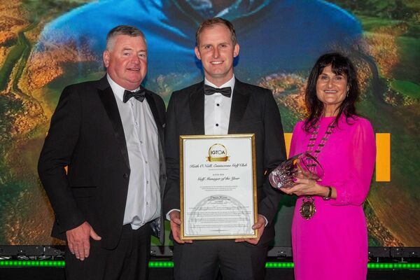 2024 IGTOA Golf Manager of the Year Keith O’Neill accepts his award from Barry Keane of Irish Pro Golf Tours with sponsor Edel McSherry of Sligo County Council. 2024 IGTOA Golf Manager of the Year Keith O’Neill accepts his award from Barry Keane of Irish Pro Golf Tours with sponsor Edel McSherry of Sligo County Council.