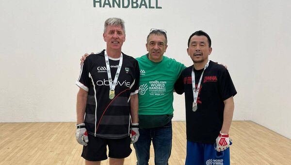 James Coole (far left), Cloonraver, Curry who recently won the World 4-Wall Handball Championship Men's 55+ B Singles final at the Handball Centre, Dublin. James is pictured with his Japanese opponent Yutaka Sakurai James Coole (far left), Cloonraver, Curry who recently won the World 4-Wall Handball Championship Men's 55+ B Singles final at the Handball Centre, Dublin. James is pictured with his Japanese opponent Yutaka Sakurai