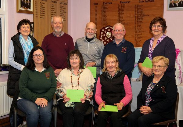 Pictured are the winners of the Stableford competition (sponsored by Manion's Golf Society) at Balla Golf Club, front row, from left: Lady Captain Caroline Bourke, Mary B O'Connell (3rd), Marie Creham (2nd), Club President Mary Jo Cannon. Back row: Mary B Prendergast, Jimmie Walsh, PJ Brett (representing Alan McHugh, 3rd), Club Captain John Walsh, Julie Loftus (Cat 1). Missing were Pat Mohan (1st), Damian Gannon (2nd) and Áine MhicSuibhne (1st). 	Picture: Trish Forde