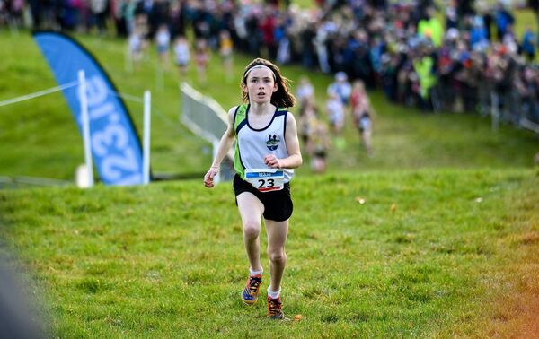 Grace Tighe of Moy Valley AC on her way to winning the U12 girls race at the 123.ie National Even Age Cross Country Championships.
