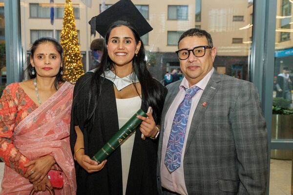 Bitisa Kandel, from Claremorris, Co Mayo graduated from ATU Galway with a Bachelor of Engineering (Honours) in Biomedical Engineering pictured with proud parents Basanta and Kila. Photo credit: James Connolly Bitisa Kandel, from Claremorris, Co Mayo graduated from ATU Galway with a Bachelor of Engineering (Honours) in Biomedical Engineering pictured with proud parents Basanta and Kila. Photo credit: James Connolly