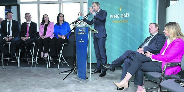 Taoiseach Simon Harris addresses the Fine Gael faithful at a rally in Ireland West Airport Knock on Sunday. Also pictured are, from left: Cllr Mark Duffy, Alan Dillon TD, Keira Keogh, Martina Jennings, Iar Taoiseach Enda Kenny and Nina Carberry MEP. Picture: John Corless Taoiseach Simon Harris addresses the Fine Gael faithful at a rally in Ireland West Airport Knock on Sunday. Also pictured are, from left: Cllr Mark Duffy, Alan Dillon TD, Keira Keogh, Martina Jennings, Iar Taoiseach Enda Kenny and Nina Carberry MEP. Picture: John Corless