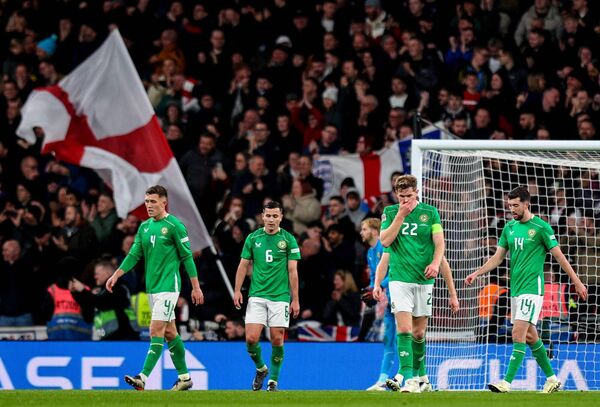 Ireland's Dara O'Shea, Josh Cullen, Nathan Collins and Finn Azaz dejected after conceding their sides 4th goal. Mandatory Credit ©INPHO/Ryan Byrne Ireland's Dara O'Shea, Josh Cullen, Nathan Collins and Finn Azaz dejected after conceding their sides 4th goal. Mandatory Credit ©INPHO/Ryan Byrne