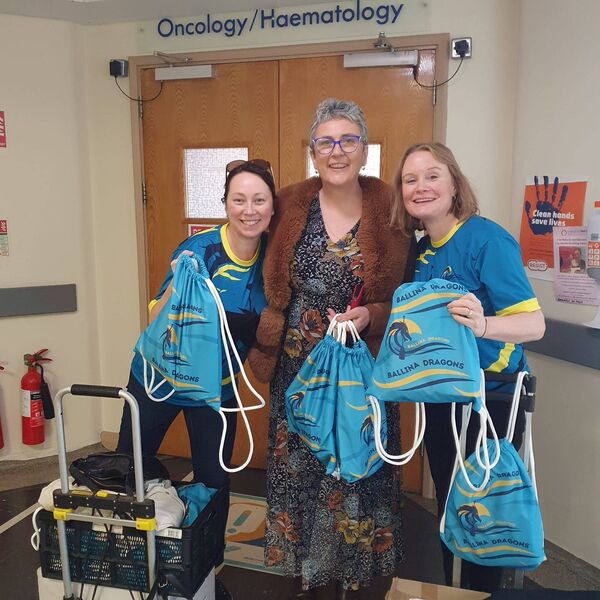 At the presentation of Care Packs by Ballina Dragons to Mayo Oncology Unit were, from left, Vanessa Forde, Carmel Fitzgerald and Fiona O Hara. The Ballina organisation created the care packs to help provide comfort and encouragement to patients undergoing cancer treatment. 