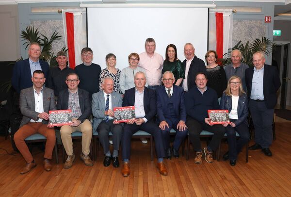 Pictured at last Saturday night's launch of 'Moy Davitts - Golden Jubilee 1974-2024' were, back row, from left: Willie Byrne, John Gilmore, John and Mary Prenty, Annette Clarke, club chairman Brian Hughes, Paula Ruane, Gerry Quinn, Kathleen Canning, Joe McHale and Declan O'Brien. Front row, from left: Anthony Hennigan, James Laffey, Cathal Hennelly, Mayo GAA chairman Seamus Tuohy, special guest Martin Carney, Mayo GAA secretary Ronan Kirrane and club secretary Bernie Ryder.	Pictures: Michael Donnelly