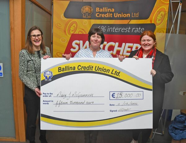 Mary McGuinness, from Crossmolina, was the winner of the Ballina Credit Union quarterly draw. She is pictured receiving her prize for €15,000 from Credit Union staff members Maria Padden (CEO) and Danielle Groom.	 Picture: John O'Grady