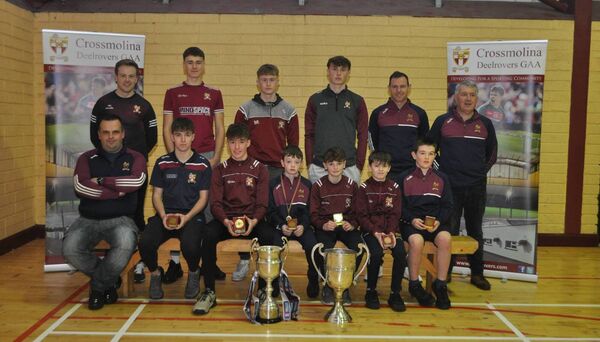 Pictured at the Crossmolina Deel Rover Bord na nÓg presentations were back from left; Michael Sweeney Bord na nÓg Secretary, Ronan Walsh U18, Eoin Floyd U14 Dr Mickey Loftus Award, Conor O’Boyle U11, Cian Coggins U13, Conor Mulligan U12, Liam O’Malley U10. Back row from left Mickey Loftus captain of Crossmolina Intermediate Team, Dylan Lavelle U15, Eanna O’Boyle U16, Kobe McDonald U17, Brian Benson Manager Crossmolina Intermediate team, David Fox Bord na nÓg Chairman. 