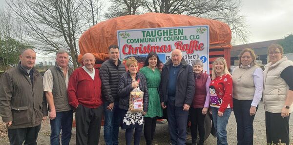 At the Christmas Raffle organised by Taugheen Community Council were Fr Sean Flynn, newly appointed PP of Taugheen, Crossboyne, Ballindine and Irishtown, Michael Hegarty, Ger McHugh, Kevin Burke, Eleanor McHugh (the prize winner), Olivia Trench (winning-ticket seller), Hubert McHugh, Kathleen Mooney, Samantha Moran, Doreen Dillon and Loretta Heaney.