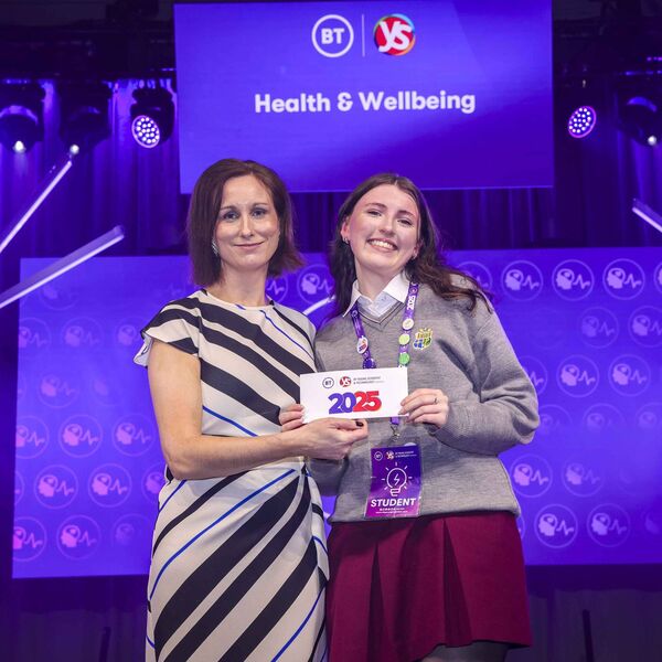 Therese Gunning, Legal Director at BT Ireland presents the 2nd place Senior Individual Health and Wellbeing Category Award to Mary Lilibeth Curry Glynn, Mount St Michael, Claremorris, for the project 'Waste Not, Want Not: A comprehensive investigation into the usability of sterile medical supplies post expiry, and potential to reduce waste in Healthcare'. 