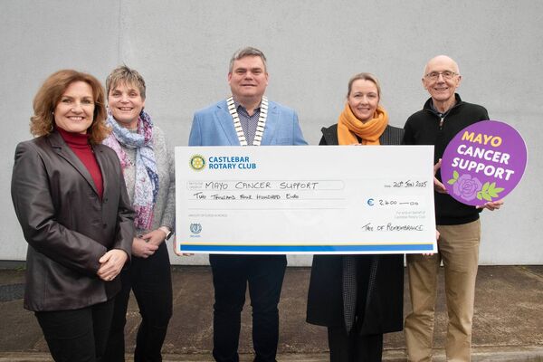 Castlebar Rotary Club presented a cheque for €2,400 to Mayo Cancer Support Services from funds raised by the Rotary Club Tree of Remembrance. Pictured at the presentation are, from left: Vivienne Kyne, Rotary Club; Breda Gilvarry, Rotary Club; Rotary Club President John Mulroy; Orla Gillespie, from Mayo Cancer Support Services and Peter Glynn from Castlebar Rotary Club. Picture: Alison Laredo Castlebar Rotary Club presented a cheque for €2,400 to Mayo Cancer Support Services from funds raised by the Rotary Club Tree of Remembrance. Pictured at the presentation are, from left: Vivienne Kyne, Rotary Club; Breda Gilvarry, Rotary Club; Rotary Club President John Mulroy; Orla Gillespie, from Mayo Cancer Support Services and Peter Glynn from Castlebar Rotary Club. Picture: Alison Laredo