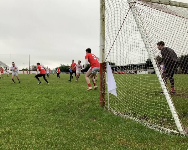 Former Mayo great Alan Dillon bears down on goal for Ballintubber Over 30s in the recent challenge game against the U30s. Cillian O'Connor positions himself ideally for a pass. Picture: Tom Quinn