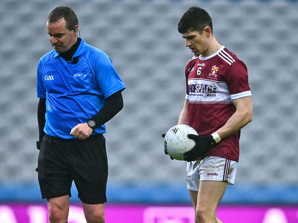 Conor Loftus of Crossmolina Deel Rovers prepares to take his last minute penalty in the AIB GAA Football All-Ireland Intermediate Club Championship final against Ballinderry.	Picture: Tyler Miller/Sportsfile