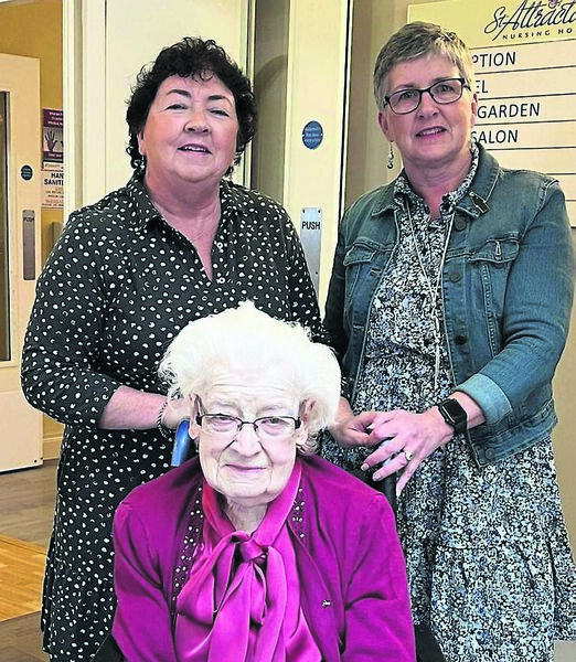 Betty Hasset pictured with her daughters Michele and Sharon on the occasion of her 102nd birthday which she celebrated in St Attracta’s Residence Hagfield, Charlestown recently.
