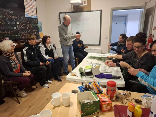 Tomás Phillips demonstrates how to make St Brigid's crosses at Ballyhaunis Language Cafe. Tomás Phillips demonstrates how to make St Brigid's crosses at Ballyhaunis Language Cafe.