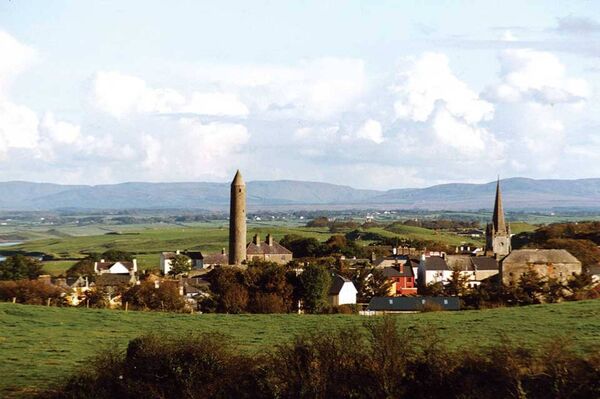 The Round Tower and Cathedral spire tower over Killala.