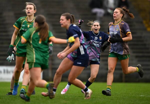 Saoirse Delaney celebrates Sinead Walsh scoring Mayo's second goal.