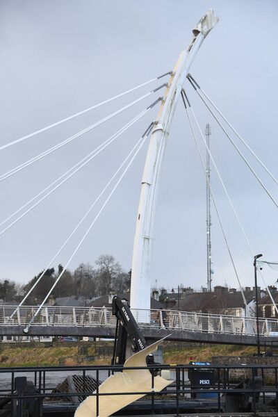 Storm Damage in Ballina: Panel blown off Salmon Weir Bridge Pylon and landed on the weirs. .Picture: John O'Grady. Storm Damage in Ballina: Panel blown off Salmon Weir Bridge Pylon and landed on the weirs. .Picture: John O'Grady.