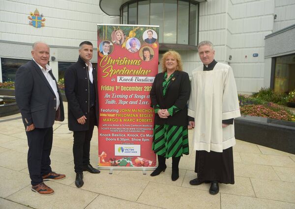 Mary McNicholas, coordinator, and Tom Brophy, chairperson (left), of the Federation of Victim Assistance, are pictured in 2023 with Knock Shrine rector Fr Richard Gibbons and singer John McNicholl at the launch of the Christmas concert in Knock Basilica in aid of the Mayo-based charity. Picture: Frank Dolan Mary McNicholas, coordinator, and Tom Brophy, chairperson (left), of the Federation of Victim Assistance, are pictured in 2023 with Knock Shrine rector Fr Richard Gibbons and singer John McNicholl at the launch of the Christmas concert in Knock Basilica in aid of the Mayo-based charity. Picture: Frank Dolan