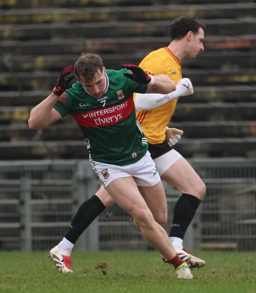 Eoghan McLaughlin reacts to a missed first-half goal chance for Mayo. Picture: INPHO/James Crombie