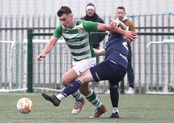 Castlebar Celtic's Eoghan Hughes gets past the challenge of Villa's James Kennedy. Picture: Noel Browne Castlebar Celtic's Eoghan Hughes gets past the challenge of Villa's James Kennedy. Picture: Noel Browne