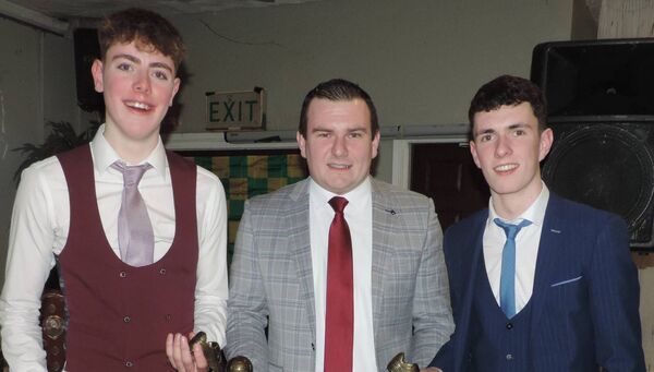 Adrian Flatley (centre) makes presentations to Oran Frain (left) and Declan Duffy (right) in recognition of their efforts with the Mayo senior team at the Kilmovee GAA Awards night held recently. Pic James Hunt Photography. Adrian Flatley (centre) makes presentations to Oran Frain (left) and Declan Duffy (right) in recognition of their efforts with the Mayo senior team at the Kilmovee GAA Awards night held recently. Pic James Hunt Photography.