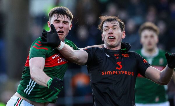 Mayo's Frank Irwin and Armagh's Barry McCambridge at close quarters in BOX-IT Athletic Grounds.