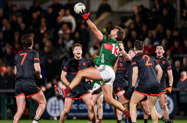 Aidan O'Shea is the centre of attention as Armagh players watch the Mayo substitute win possession in their drawn Allianz Football League Division 1 game last Saturday evening.