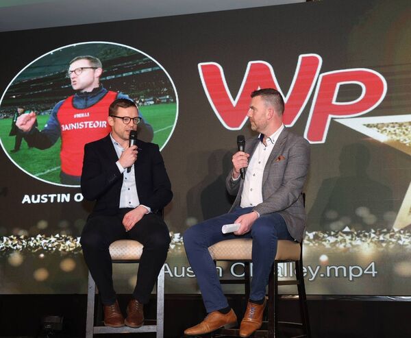  Special guest Austin O'Malley in conversation with Western People sports editor Anthony Hennigan during the Mayo Sports Stars Awards. Former Mayo footballer O'Malley recently managed Cuala to their first All-Ireland Club SFC title. Picture: Michael Donnelly