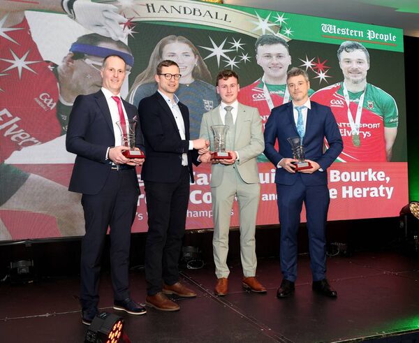 Joe McCann, Lorcan Conlon and Shane Heraty with special guest Austin O'Malley, second from left, after they received Mayo Sports Stars awards for winning world handball titles in 2024 along with Cuileann Bourke who was unavoidably absent due to competing in Canada. Picture: Michael Donnelly