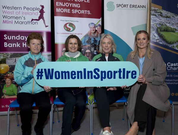 Pictured at the launch of the Mayo.ie Western People Women's Mini-Marathon were, from left: Mary Cronin, Ruth Carney (Athletics Coach,) Sinead Flynn PE Teacher, Davitt College) and influencer Sarah Butler. Picture: John Corless