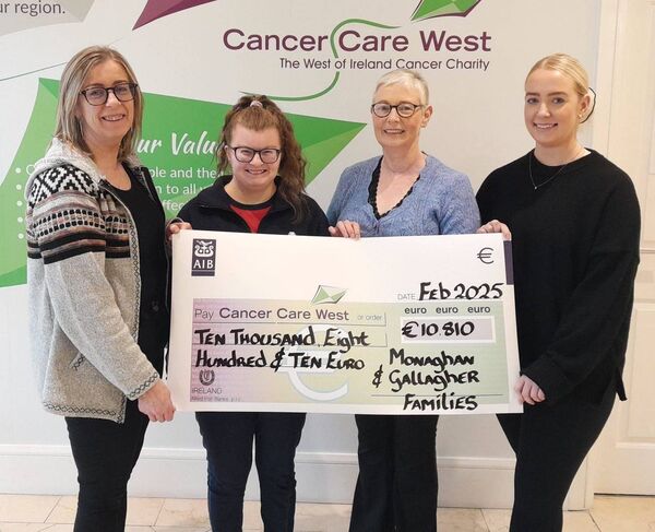Members of the Monaghan and Gallagher families, Margaret, Eithne, Deirbhile and Sinéad, presented a cheque for €10,810 to Cancer Care West at Inis Aoibhinn.