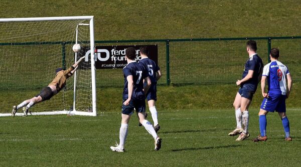 Ballina Town’s Benny Lavelle (9) sees his magnificent long range shot crash to the back of Glenhest Rovers’ net during the Mayo Super League at Belleek last Sunday morning: Picture: David Farrell Photography 