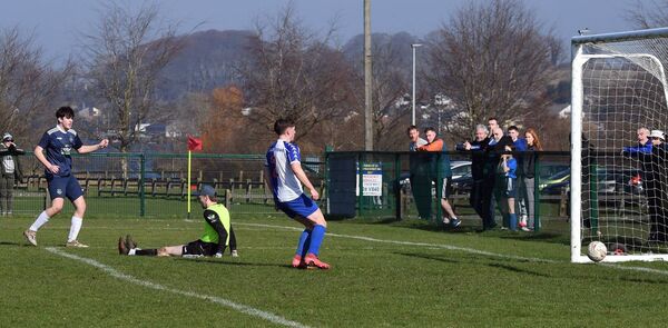 Glenhest Rovers’ Matthew Reilly slots home his side’s third goal against Ballina Town during the Mayo Super League at Belleek last Sunday morning. Picture: David Farrell Photography 