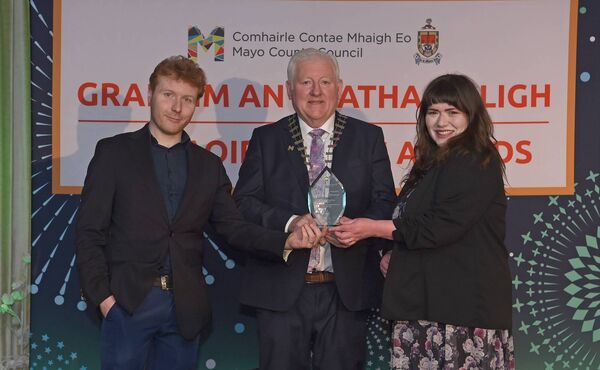 Pictured at the Cathaoirleach’s Awards 2024 being presented with their award by Cathaoirleach Cllr John O’Hara were the winners of the Mayo Publication Awards: Publications from Commercial Publishers - Alice Kinsella and Daniel Wade – Wake of The Whale. 