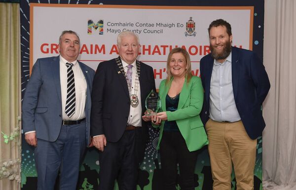 Pictured at the Cathaoirleach’s Awards 2024 being presented with their award by Cathaoirleach Cllr John O’Hara were the winners of Contribution to the Arts in Mayo Award - Dooega Drama Group.
