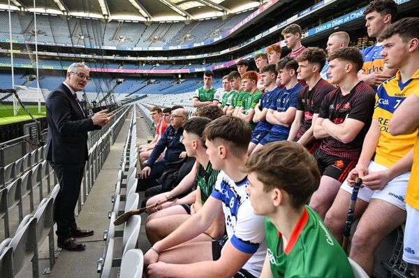 GAA president Jarlath Burns speaks with players during last week's Captains Call at Croke Park in advance of this month's Masita All-Ireland Post Primary Schools Finals. The event was attended by St Colman's joint captains Rio Mortimer and Darragh Beirne.	Picture: Stephen McCarthy/Sportsfile