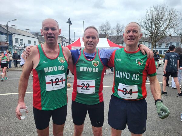 Three of Mayo AC's finishers at the St Patrick's Day 10k in Tubbercurry, left to right: Padraic McVann, Ray Clarke and Johnny Cribbin.