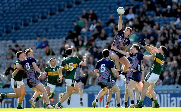  Jordan Flynn soars above the crowd during Mayo's game against Kerry in the Allianz Football League Division 1 final at Croke Park last Sunday.	Picture: INPHO/James Crombie