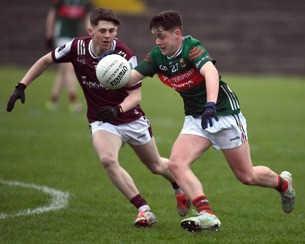 Mayo’s Fiachra O’Cinnseala races past Galway’s Evan Cunningham during the Electric Ireland Connacht GAA Minor Football Championship at Tuam Stadium last Friday evening. Picture: David Farrell Photography 